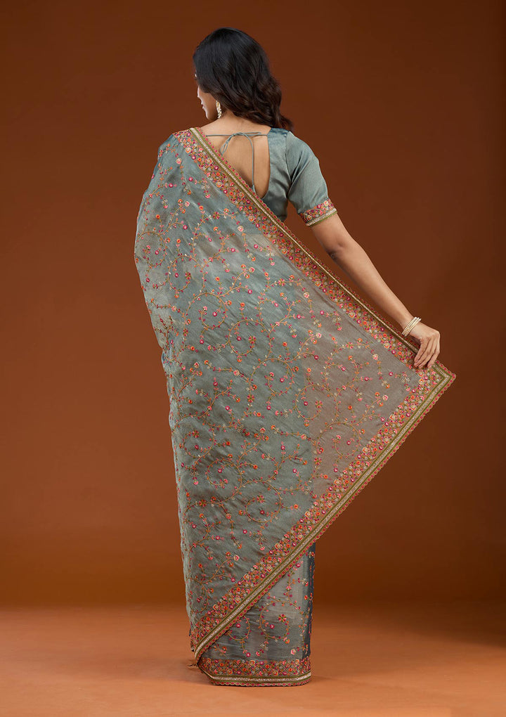 Grey Tissue Threadwork Saree With Matching Blouse Piece