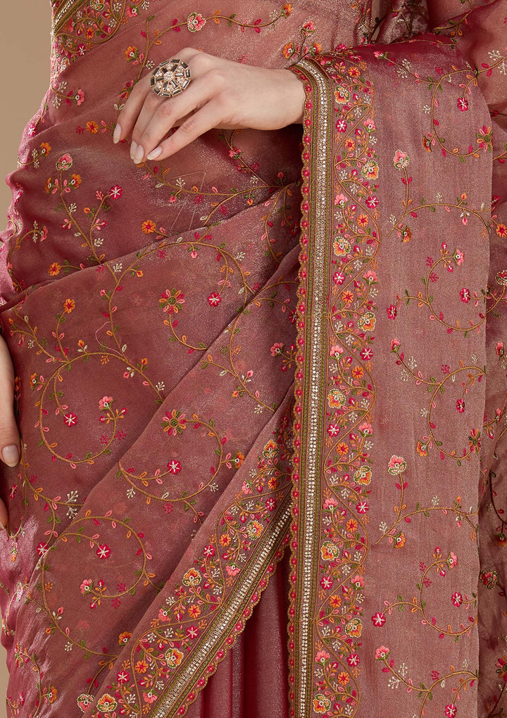 Mauve Threadwork Tissue Saree