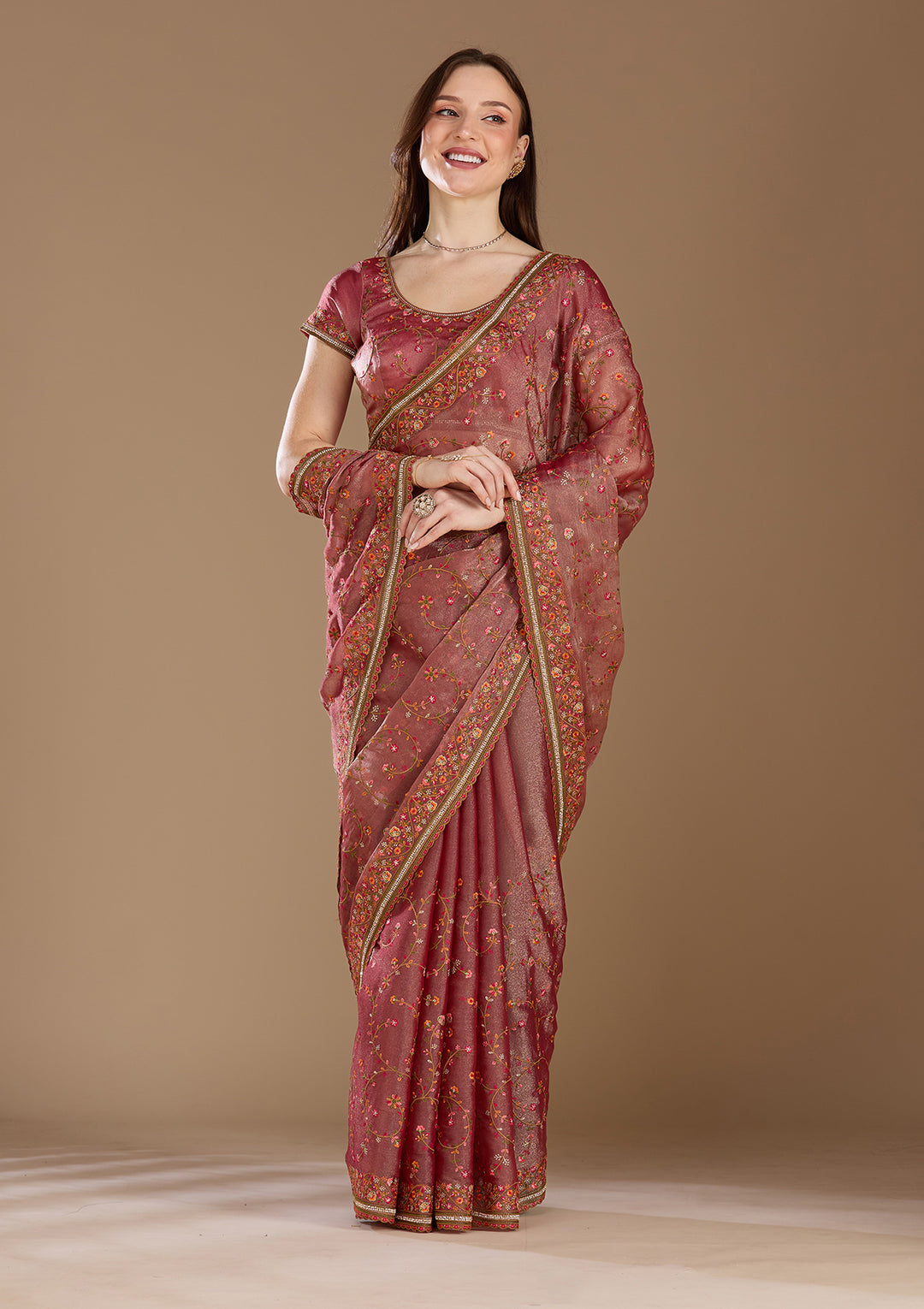 Mauve Threadwork Tissue Saree