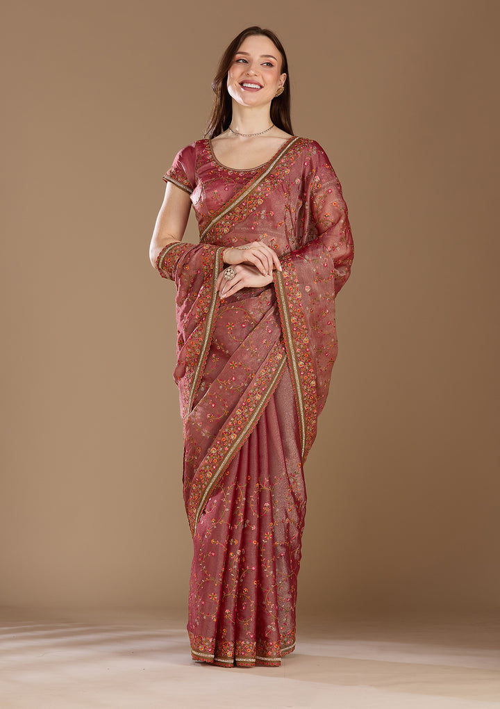 Mauve Threadwork Tissue Saree