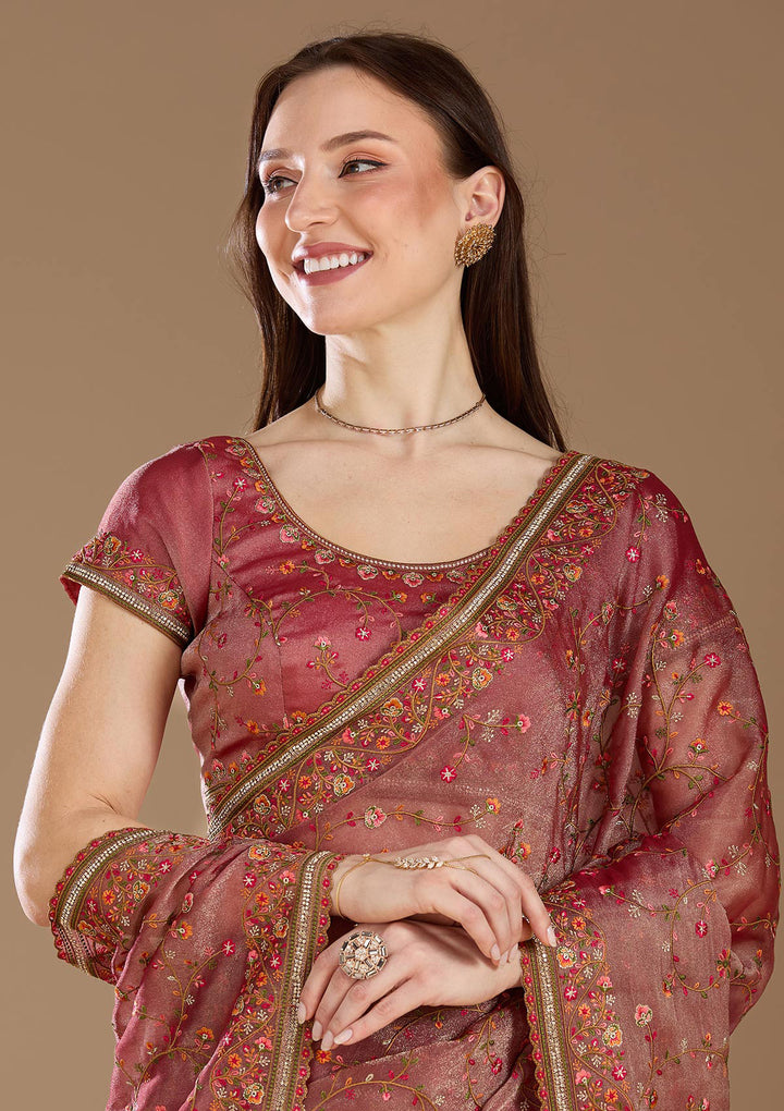 Mauve Threadwork Tissue Saree