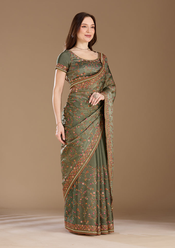 Mehendi Threadwork Tissue Saree