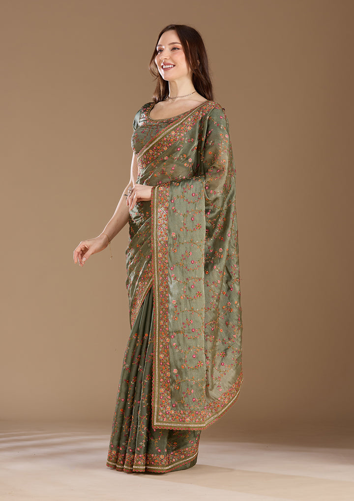 Mehendi Threadwork Tissue Saree