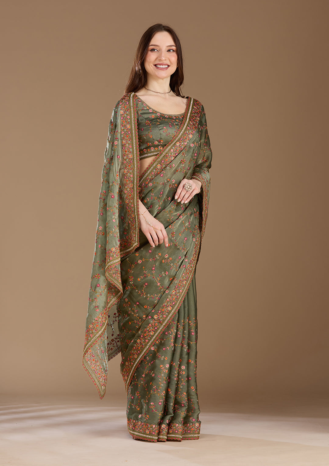 Mehendi Threadwork Tissue Saree