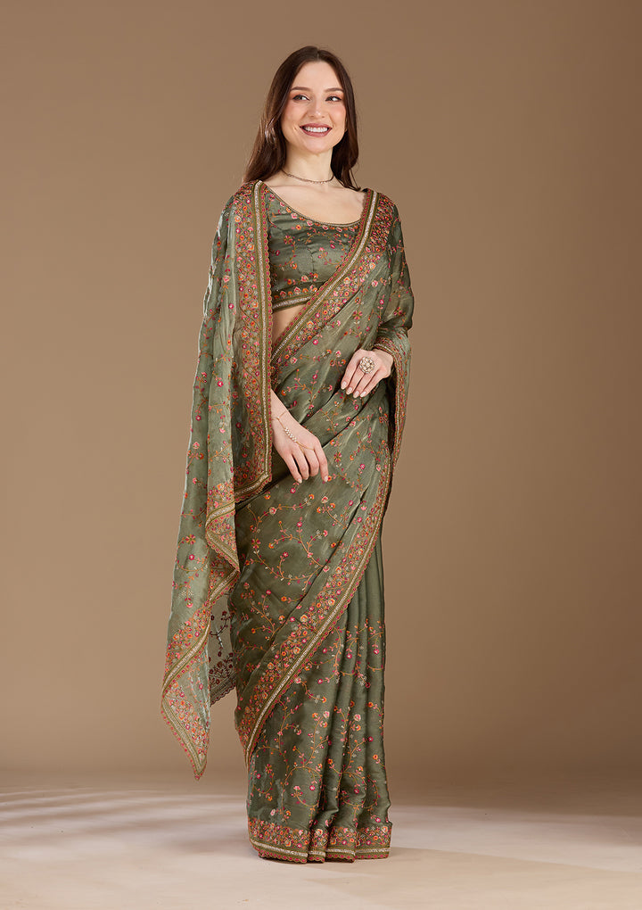 Mehendi Threadwork Tissue Saree