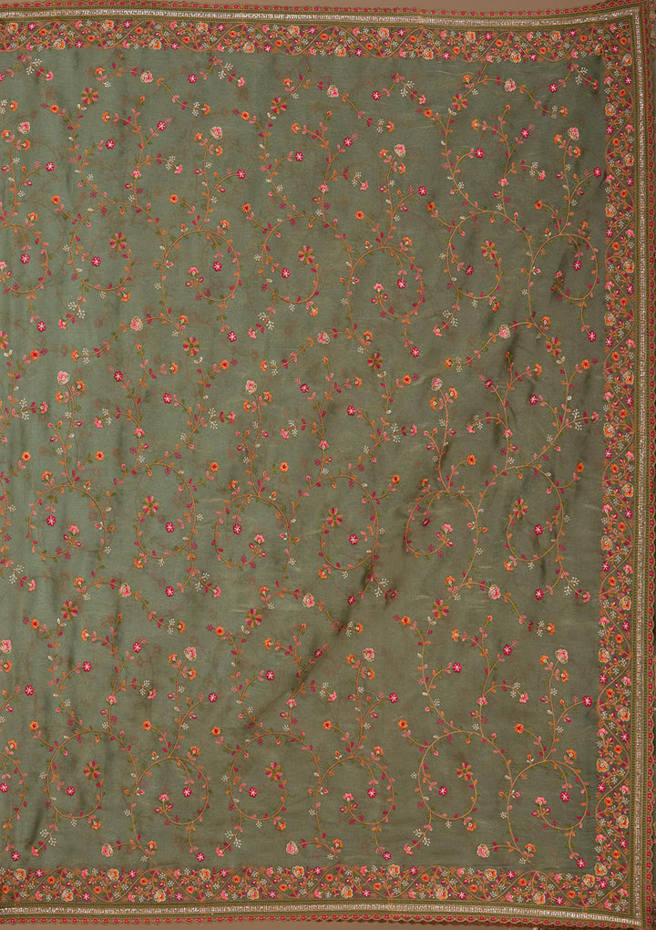 Mehendi Threadwork Tissue Saree