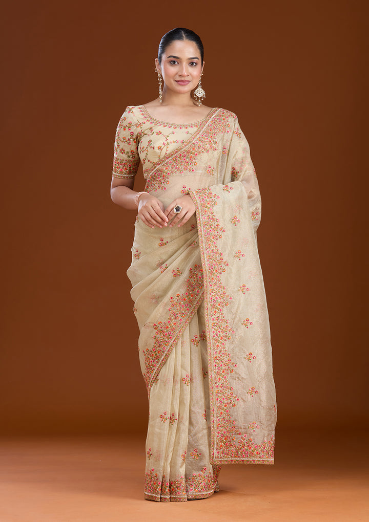 Beige Tissue Threadwork Saree With Matching Blouse Piece