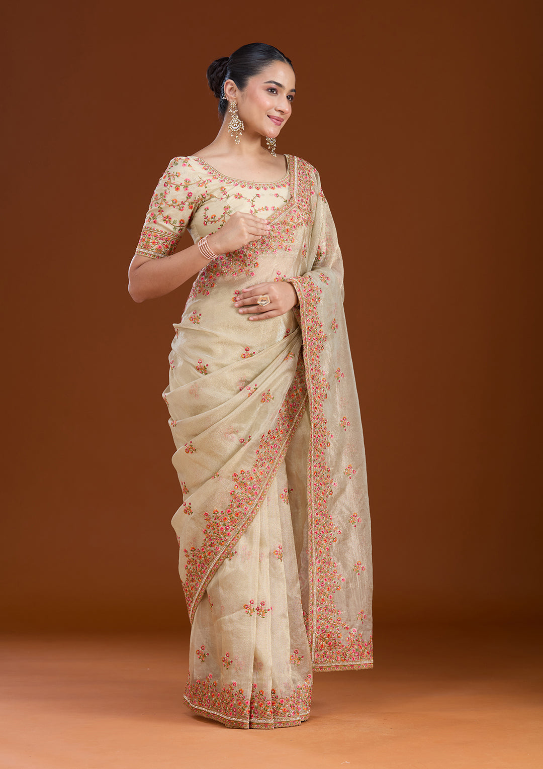 Beige Tissue Threadwork Saree With Matching Blouse Piece