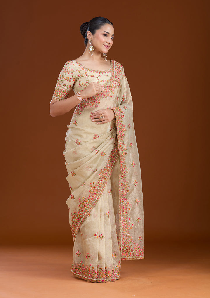 Beige Tissue Threadwork Saree With Matching Blouse Piece