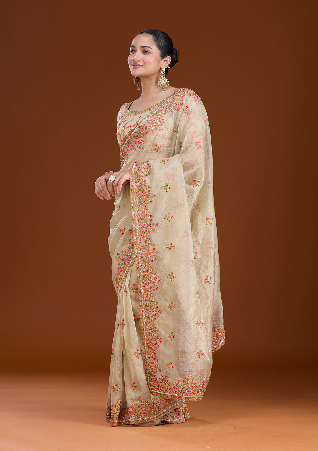 Beige Tissue Threadwork Saree With Matching Blouse Piece