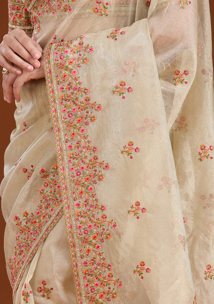 Beige Tissue Threadwork Saree With Matching Blouse Piece
