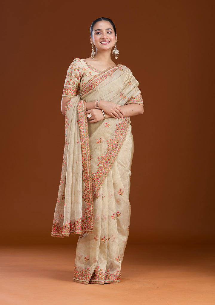 Beige Tissue Threadwork Saree With Matching Blouse Piece