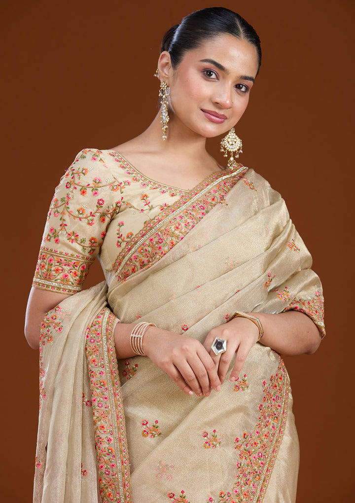 Beige Tissue Threadwork Saree With Matching Blouse Piece