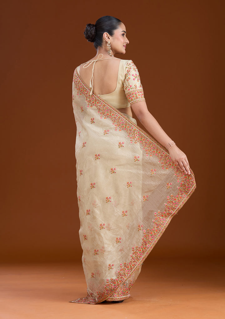 Beige Tissue Threadwork Saree With Matching Blouse Piece