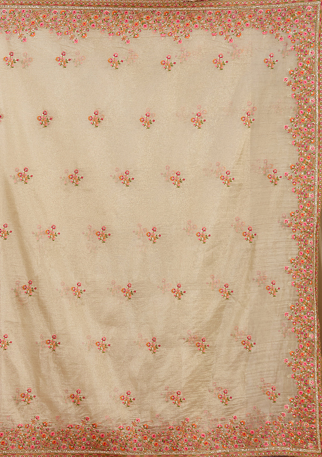 Beige Tissue Threadwork Saree With Matching Blouse Piece