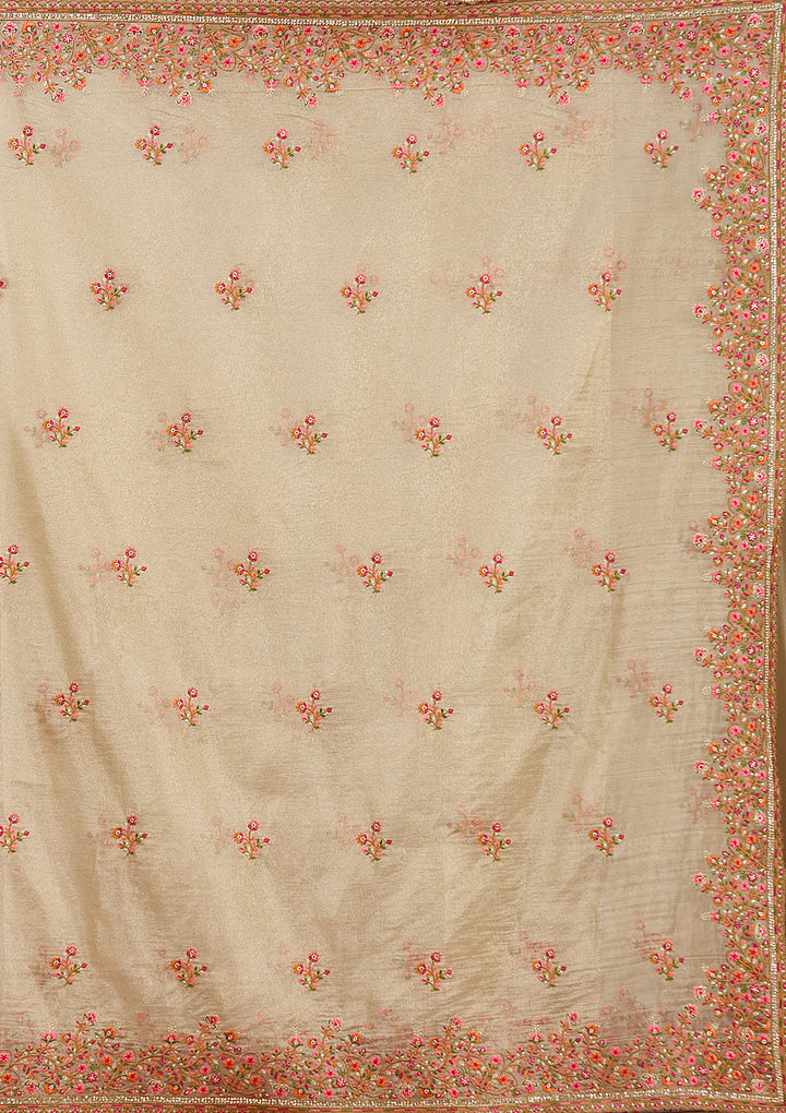 Beige Tissue Threadwork Saree With Matching Blouse Piece