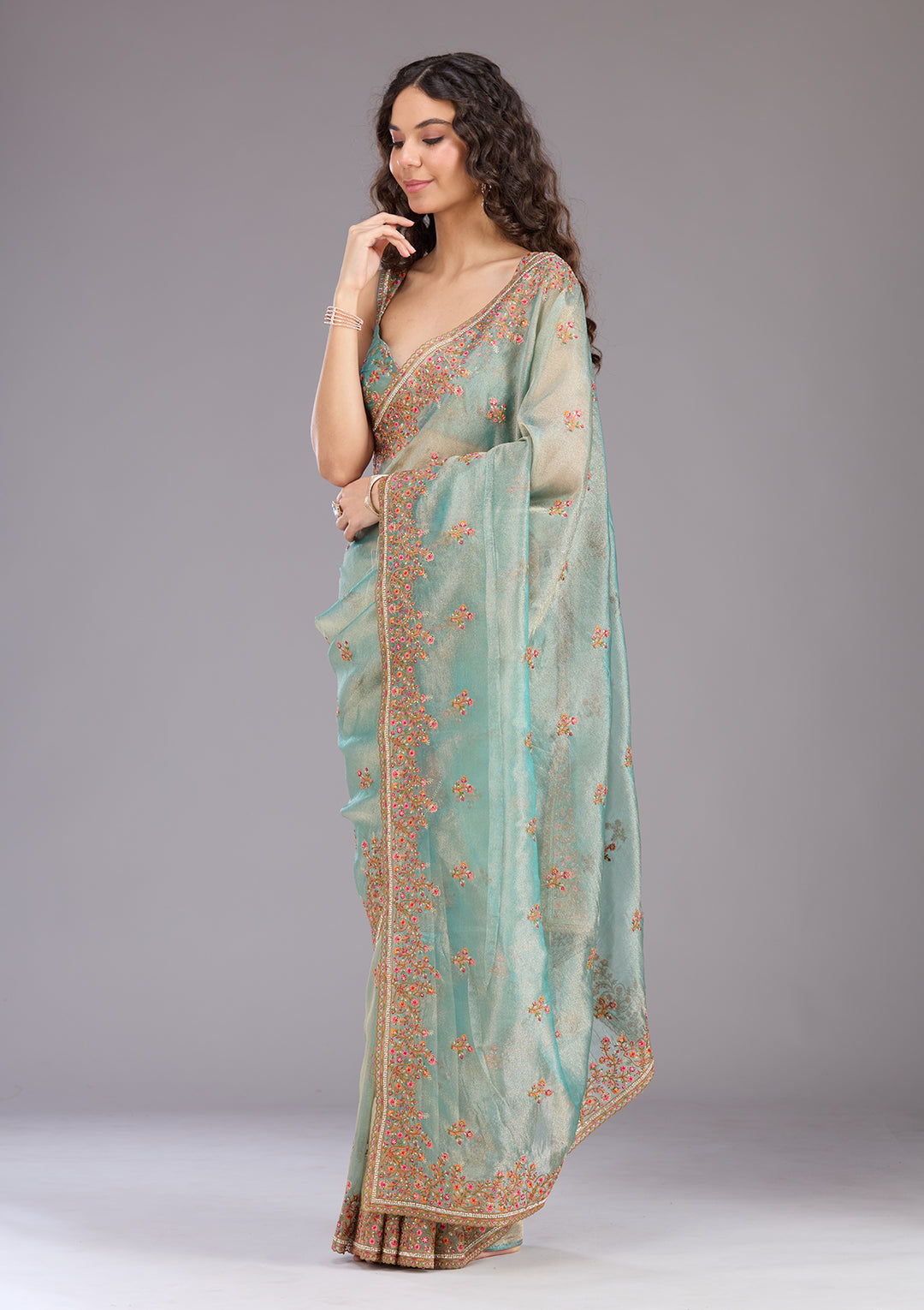 Sea Green Threadwork Tissue Saree