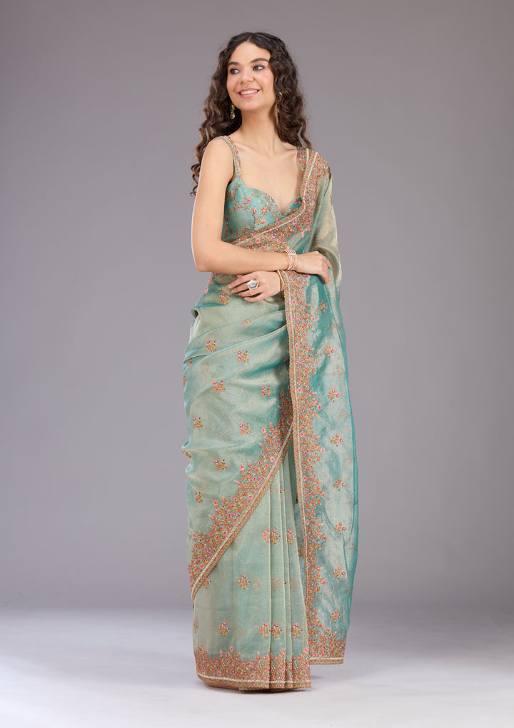 Sea Green Threadwork Tissue Saree