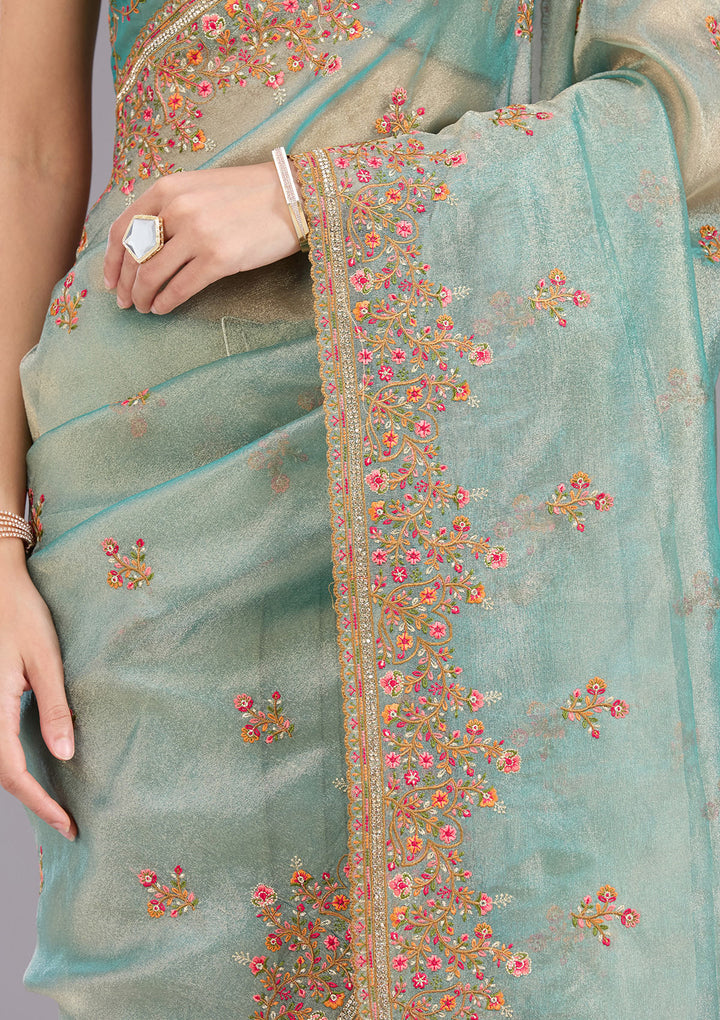 Sea Green Threadwork Tissue Saree