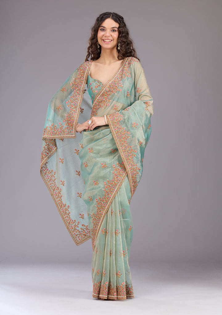 Sea Green Threadwork Tissue Saree