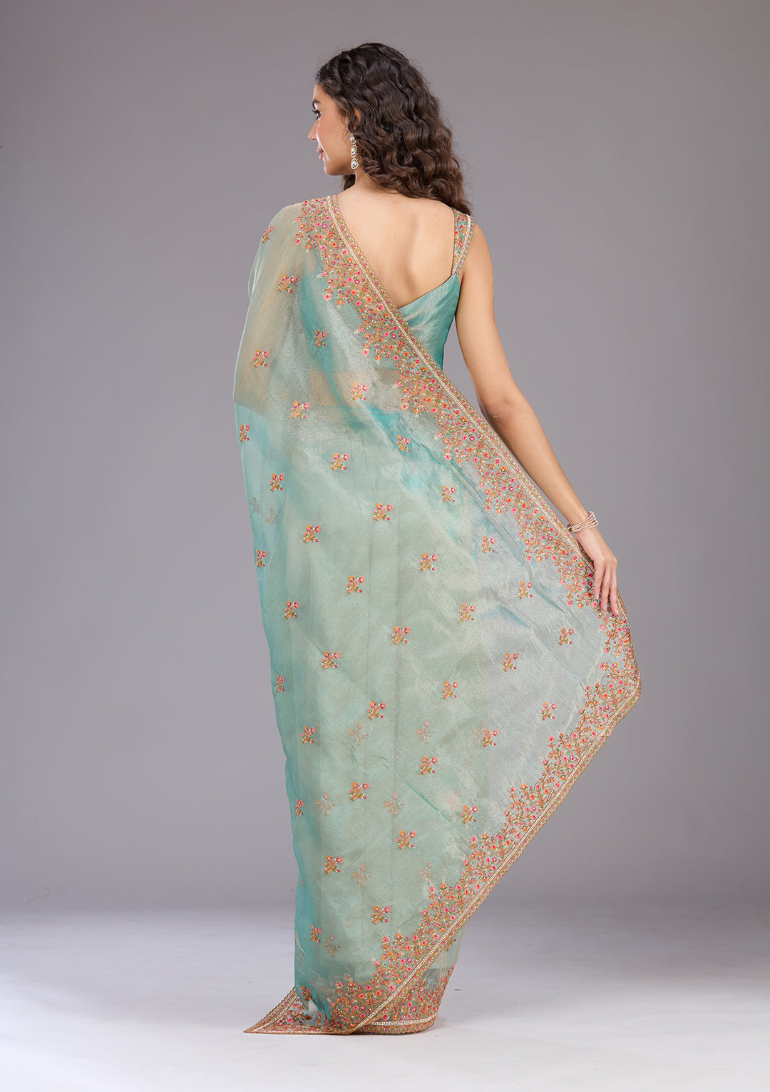 Sea Green Threadwork Tissue Saree