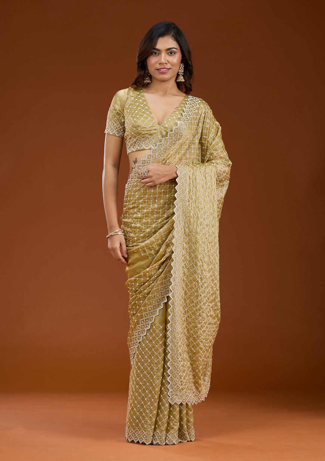 Mehendi Stonework (Silver) Tissue Saree