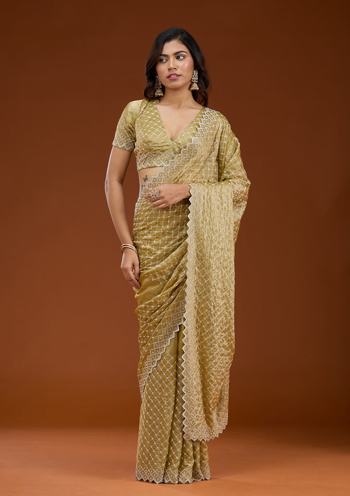 Mehendi Stonework (Silver) Tissue Saree