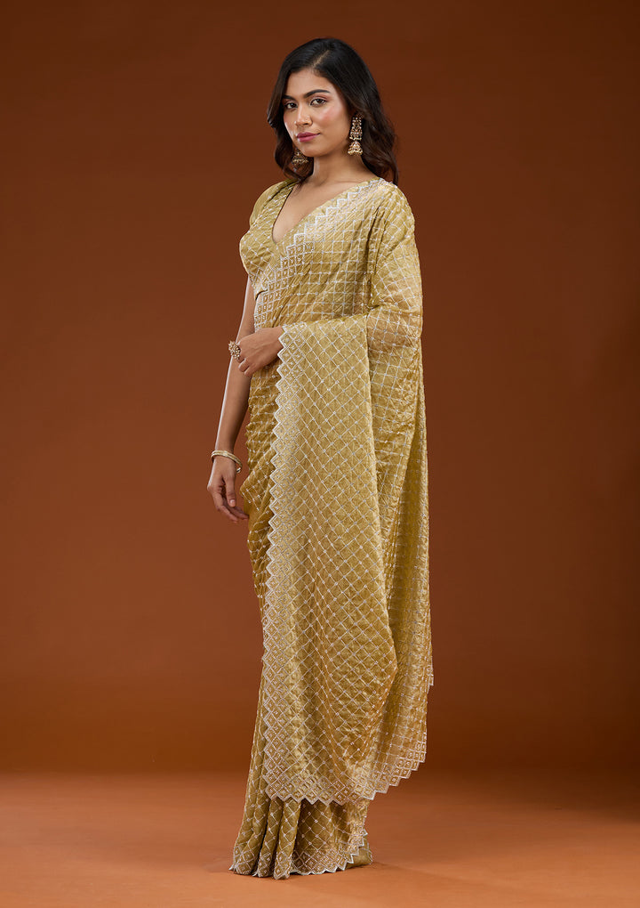 Mehendi Stonework (Silver) Tissue Saree