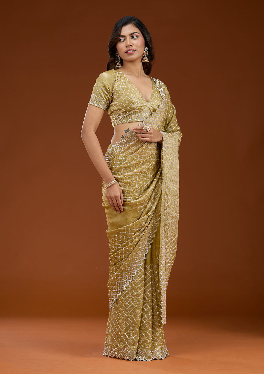 Mehendi Stonework (Silver) Tissue Saree