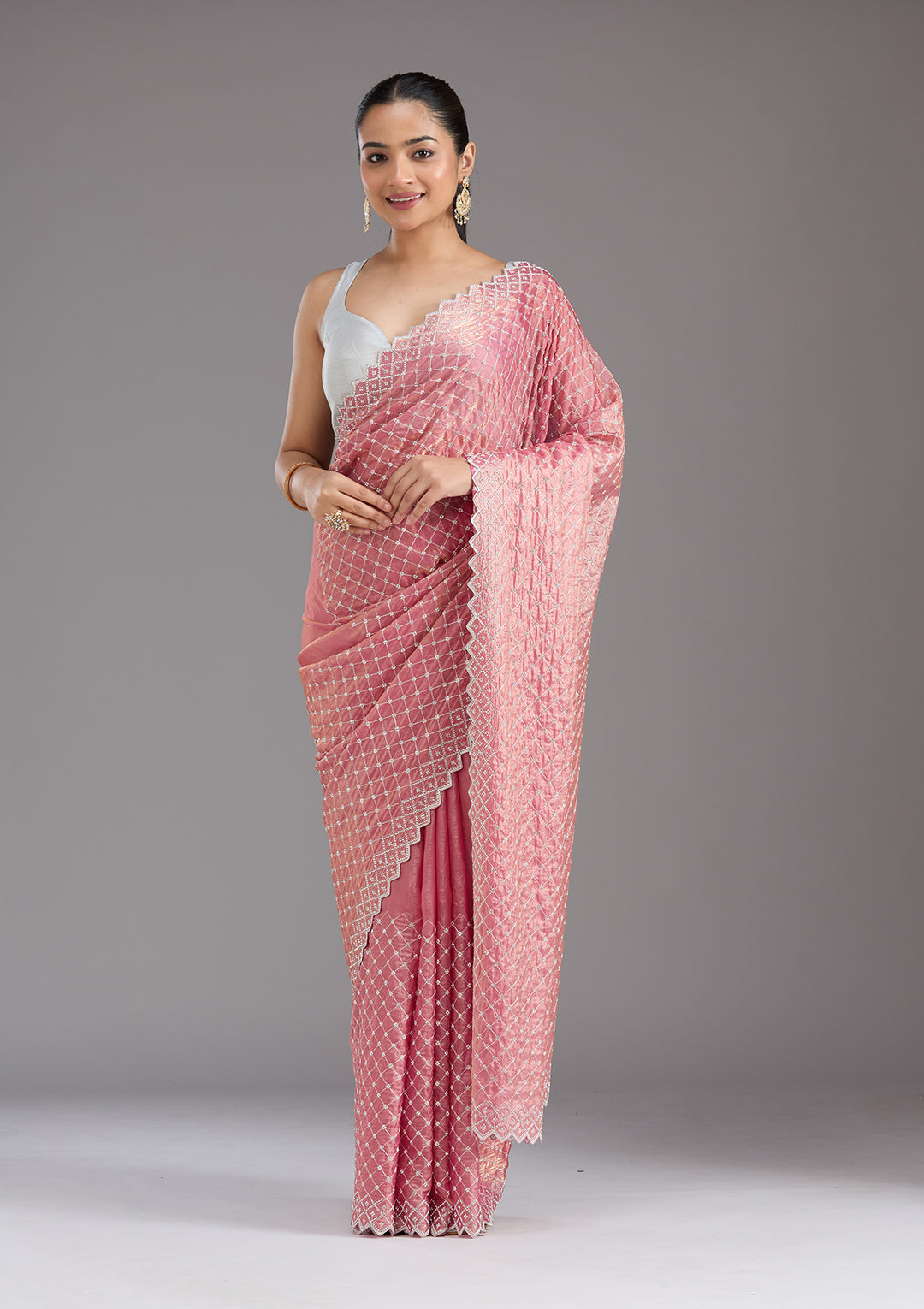 Onion Pink Stonework (Silver) Tissue Saree