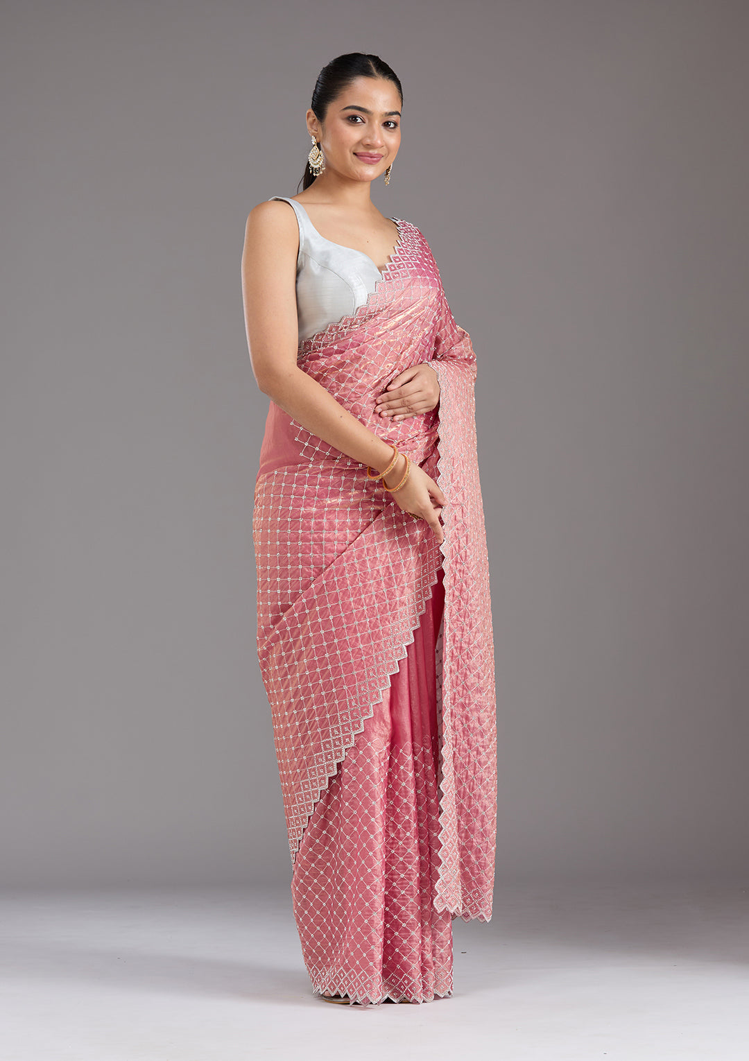 Onion Pink Stonework (Silver) Tissue Saree