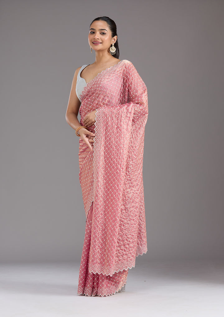 Onion Pink Stonework (Silver) Tissue Saree
