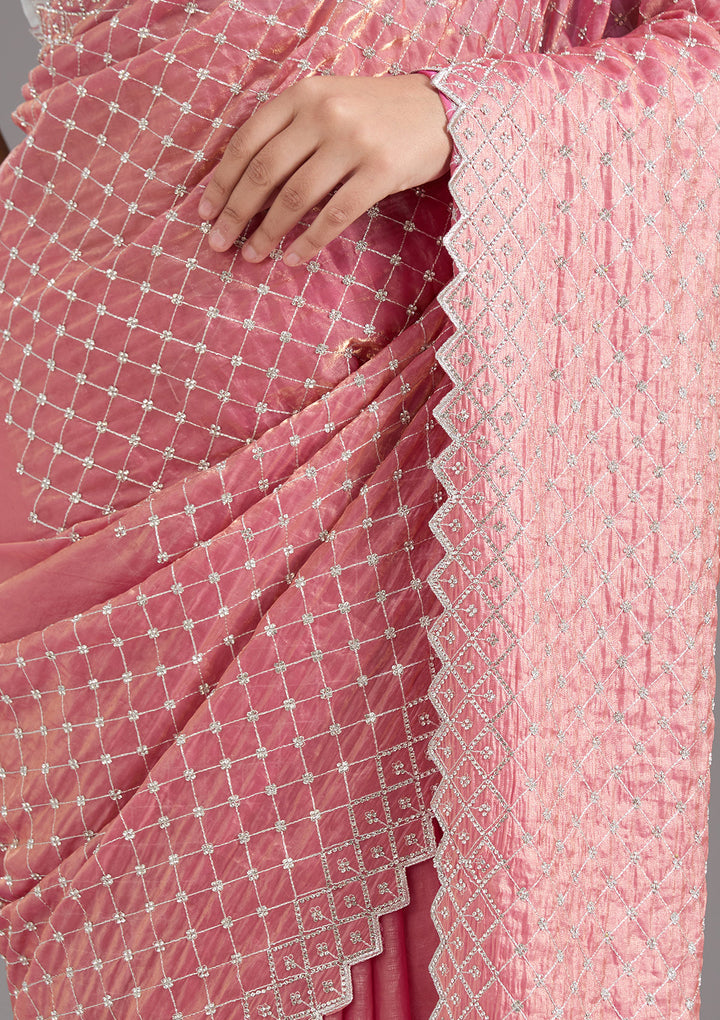Onion Pink Stonework (Silver) Tissue Saree