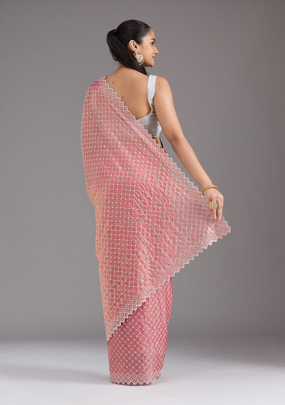 Onion Pink Stonework (Silver) Tissue Saree