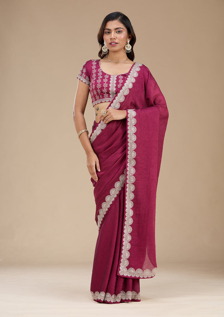 Magenta Pink Soft Raw Silk Silver Zariwork Saree With Matching Blouse Piece