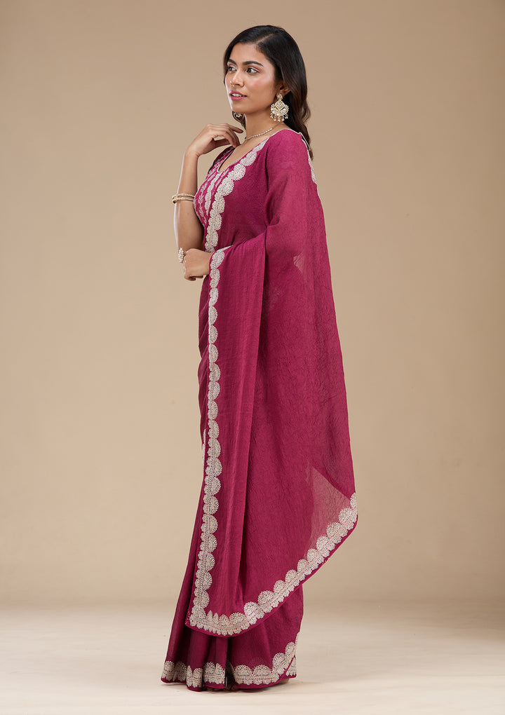 Magenta Pink Soft Raw Silk Silver Zariwork Saree With Matching Blouse Piece