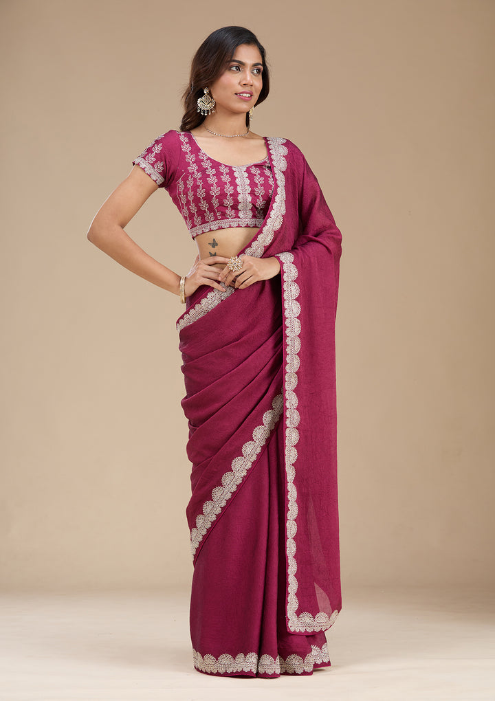 Magenta Pink Soft Raw Silk Silver Zariwork Saree With Matching Blouse Piece