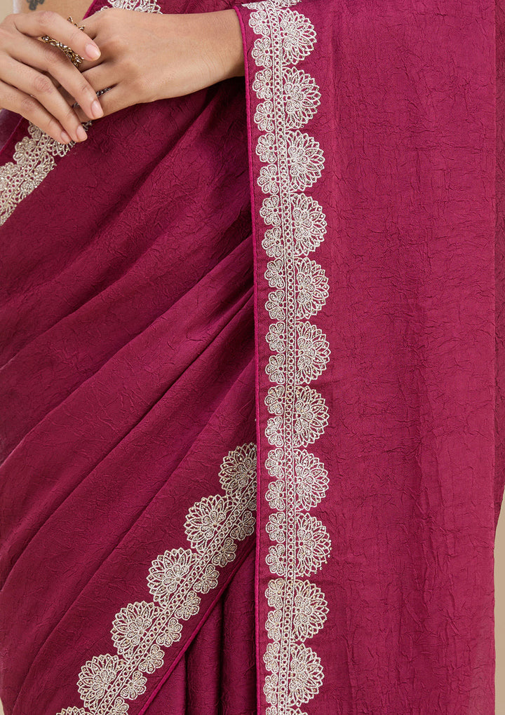 Magenta Pink Soft Raw Silk Silver Zariwork Saree With Matching Blouse Piece