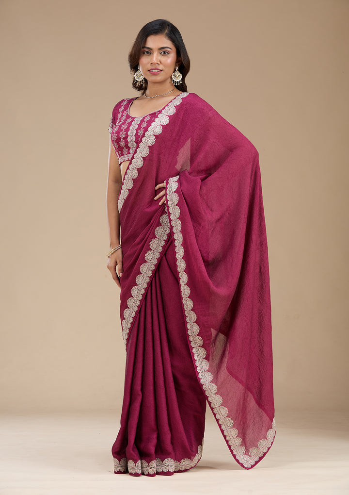 Magenta Pink Soft Raw Silk Silver Zariwork Saree With Matching Blouse Piece