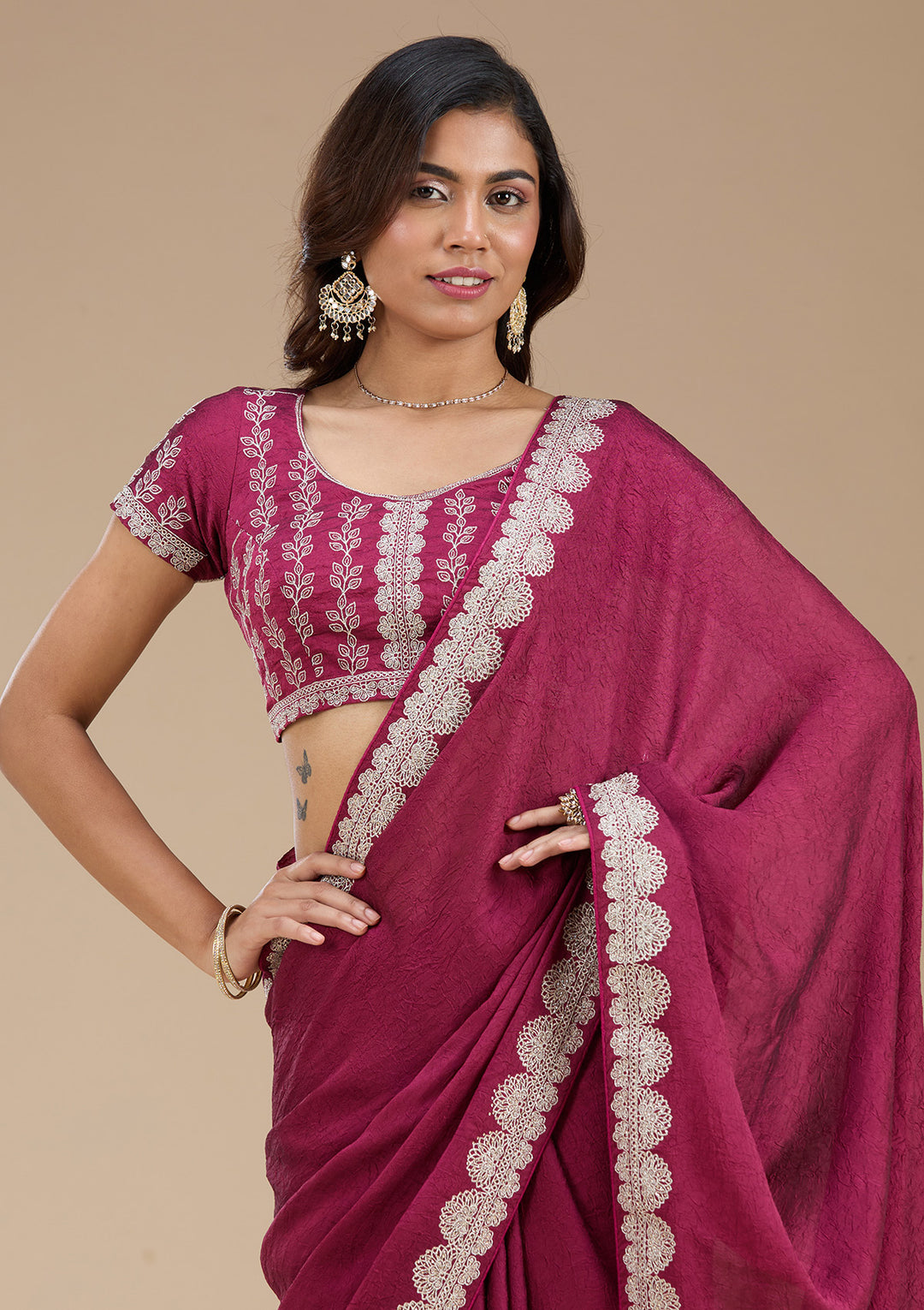 Magenta Pink Soft Raw Silk Silver Zariwork Saree With Matching Blouse Piece
