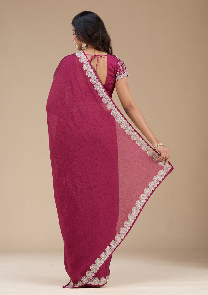 Magenta Pink Soft Raw Silk Silver Zariwork Saree With Matching Blouse Piece