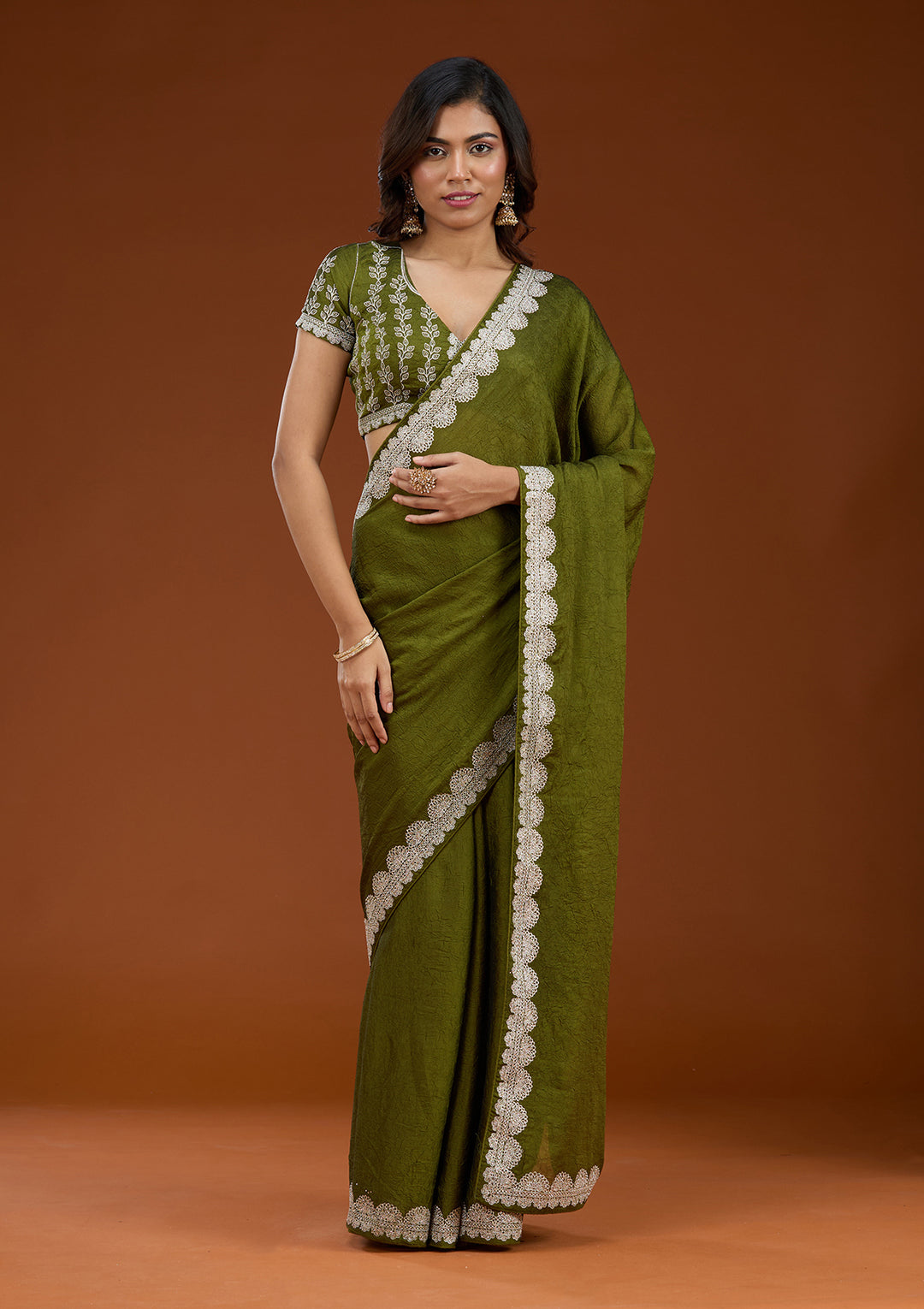 Mehendi Soft Raw Silk Silver Zariwork Saree With Matching Blouse Piece