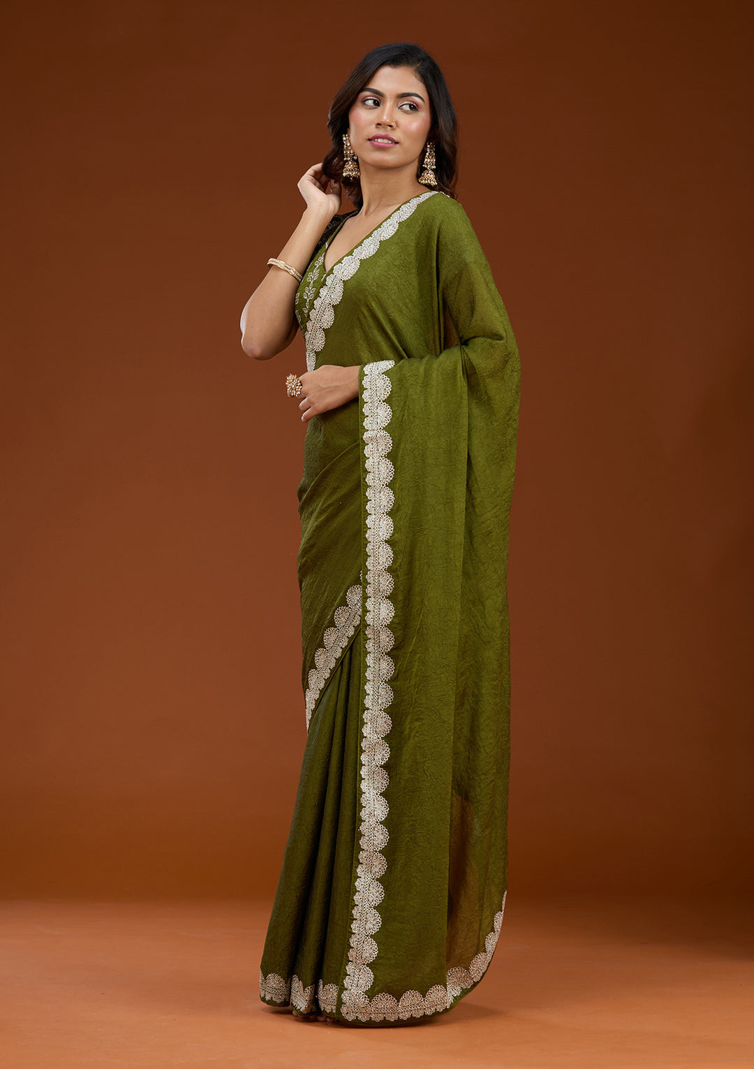 Mehendi Soft Raw Silk Silver Zariwork Saree With Matching Blouse Piece