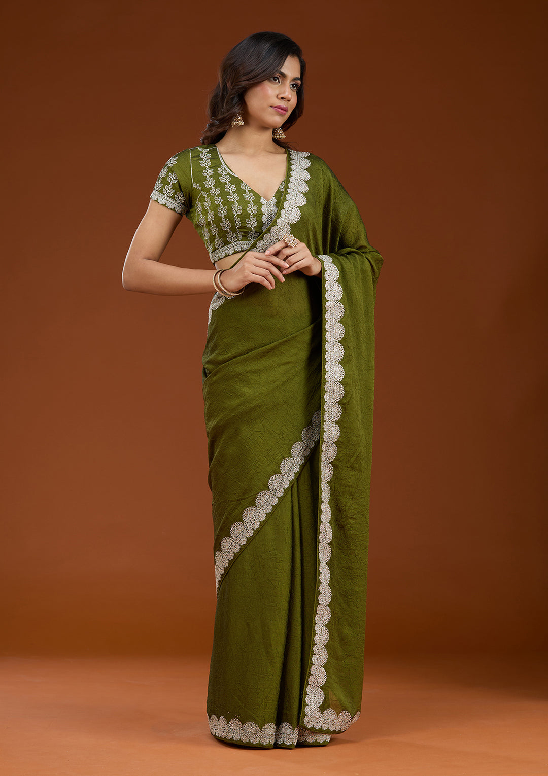 Mehendi Soft Raw Silk Silver Zariwork Saree With Matching Blouse Piece
