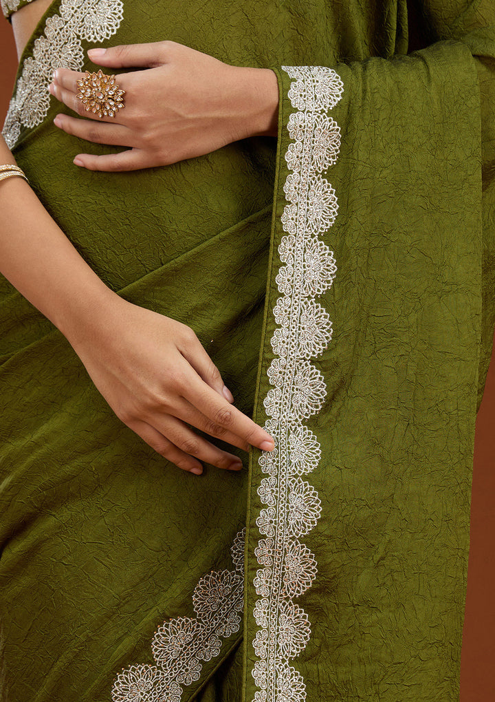 Mehendi Soft Raw Silk Silver Zariwork Saree With Matching Blouse Piece