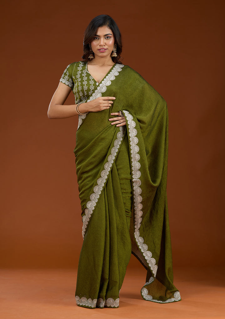 Mehendi Soft Raw Silk Silver Zariwork Saree With Matching Blouse Piece