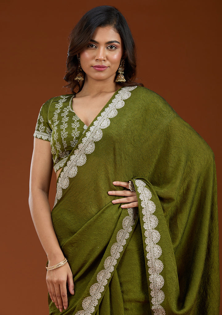 Mehendi Soft Raw Silk Silver Zariwork Saree With Matching Blouse Piece