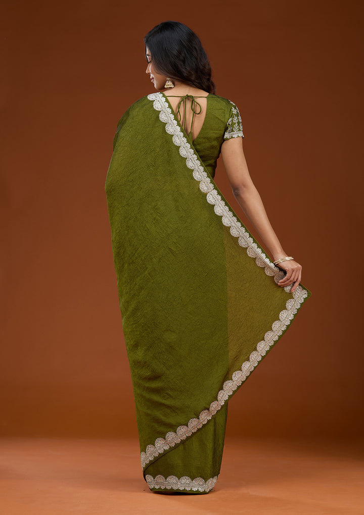 Mehendi Soft Raw Silk Silver Zariwork Saree With Matching Blouse Piece