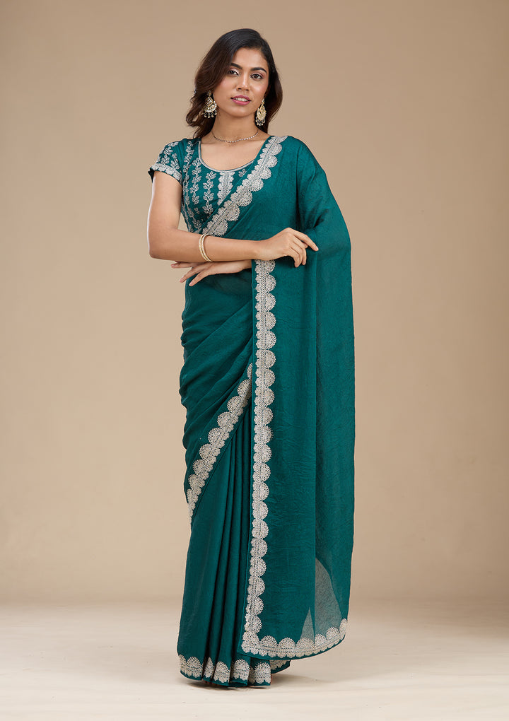 Rama Green Soft Raw Silk Silver Zariwork Saree With Matching Blouse Piece