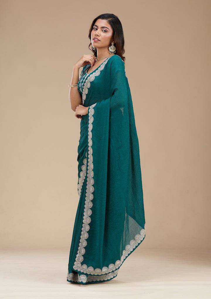 Rama Green Soft Raw Silk Silver Zariwork Saree With Matching Blouse Piece